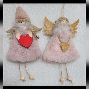 2 Plush Faux Fur Wood Sparkle Fairy Angel Christmas Ornaments Pink Rose, Gold